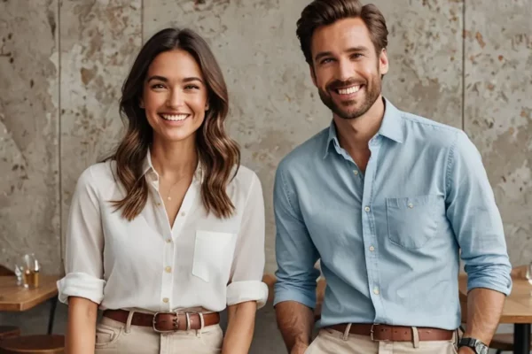 Jeune couple souriant devant un immeuble ancien rénové, symbolisant leur premier investissement immobilier.