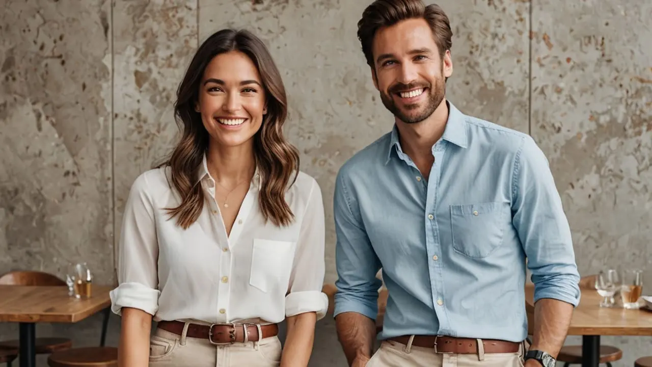 Jeune couple souriant devant un immeuble ancien rénové, symbolisant leur premier investissement immobilier.