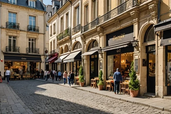 Rue pavée de centre-ville animée, bordée de commerces rénovés, illustrant la revitalisation centres-villes Denormandie.