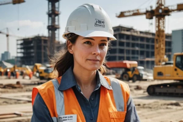 Femme superviseuse de chantier en casque et gilet orange sur un site de rénovation en loi Malraux