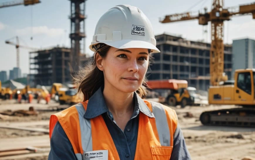 Femme superviseuse de chantier en casque et gilet orange sur un site de rénovation en loi Malraux
