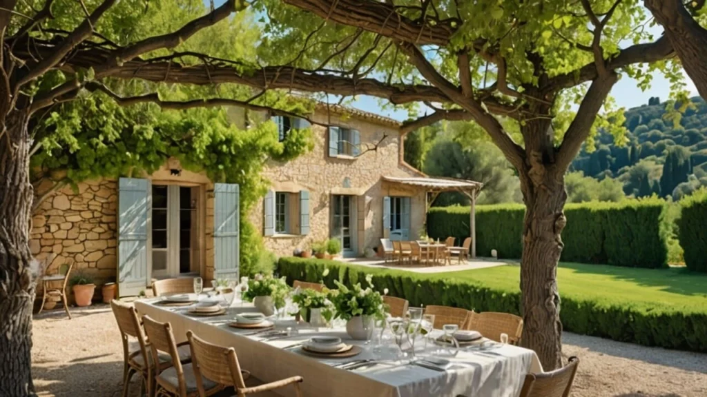 Maison provençale classée Monument Historique avec terrasse arborée et table extérieure, exemple de bien transmis dans un cadre familial.