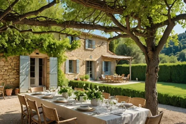 Maison provençale classée Monument Historique avec terrasse arborée et table extérieure, exemple de bien transmis dans un cadre familial.