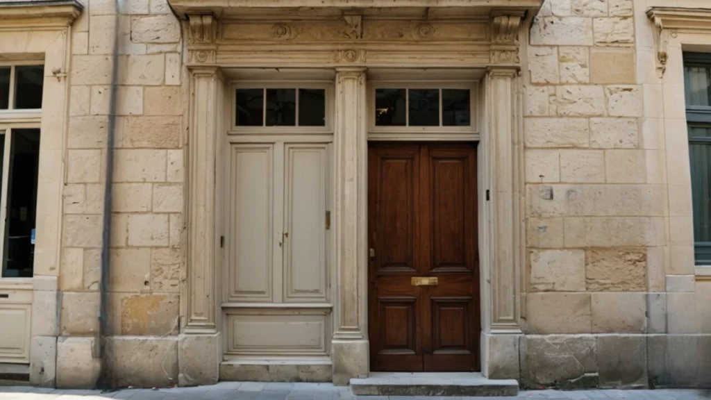 Façade d’immeuble ancien à restaurer, zoom sur le rez-de-chaussée et la porte d’entrée – restauration loi Malraux